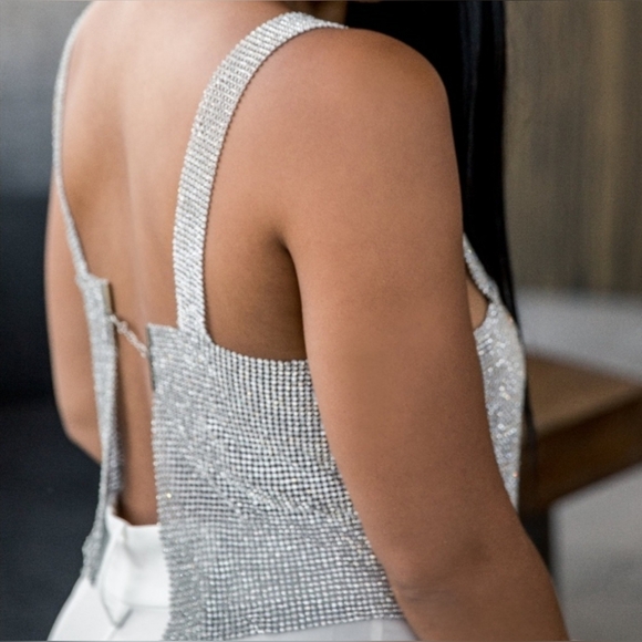 Cropped Silver Rhinestone Party Tank Top, OSFA - Picture 4 of 17